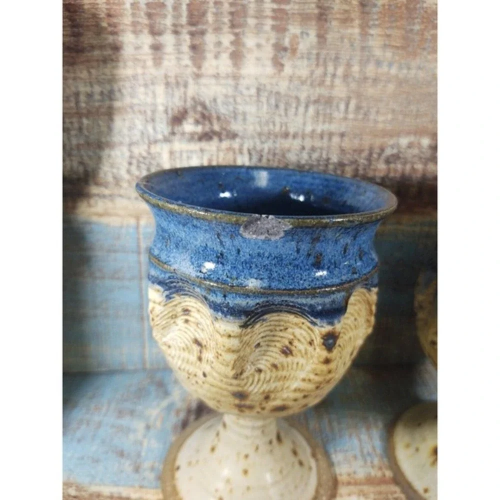 Cariaso Studio Hand Thrown Pottery Footed Stoneware Water Goblet‎ Set